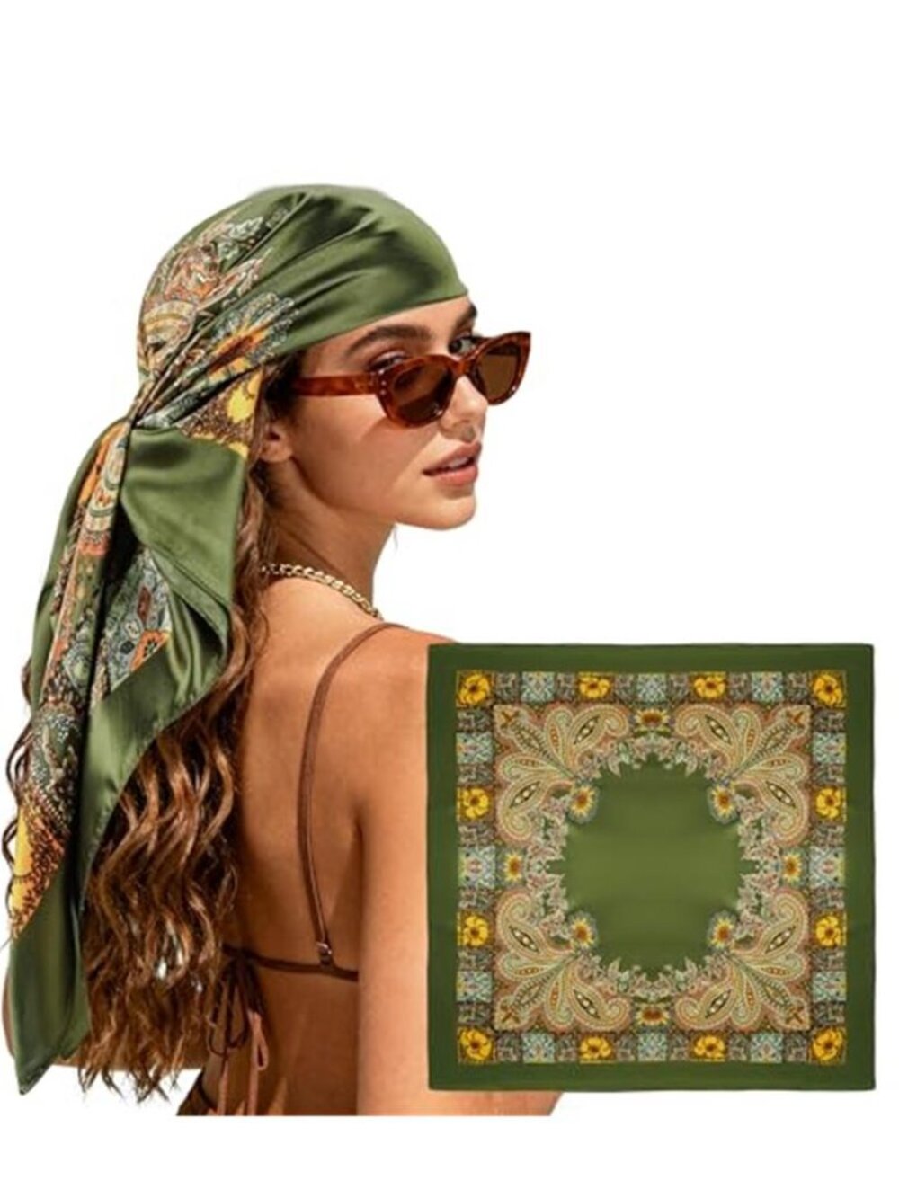 Green 35" Square Satin Hair Scarf Polyester Silk Feel Large Head Wrap Bandana